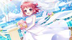  1girl :d bare_shoulders bird blush boat bouquet breasts bridal_veil brown_eyes clouds cloudy_sky day dot_nose dress dutch_angle falling_petals film_grain flower game_cg gloves hair_rings holding holding_bouquet horizon izumi_tsubasu lace lens_flare looking_at_viewer non-web_source ocean official_art on_boat on_ship open_mouth outdoors petals pink_flower pink_petals pink_rose purple_flower purple_rose railing re:stage! red_flower red_hair red_rose rose seagull ship_deck short_hair sky sleeveless sleeveless_dress small_breasts smile solo sorano_neon sparkle sunlight veil watercraft wedding_dress white_dress white_flower white_gloves white_rose wooden_deck yellow_flower yellow_petals yellow_rose 