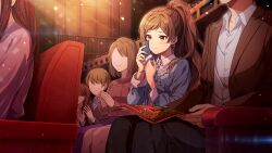  2boys 4girls brown_eyes brown_hair closed_mouth commentary_request faceless faceless_female game_cg hair_ornament hairclip handkerchief holding holding_handkerchief idolmaster idolmaster_million_live! idolmaster_million_live!_theater_days indoors kitazawa_shiho long_hair long_sleeves multiple_boys multiple_girls official_alternate_costume official_art ponytail sitting tears theater third-party_source wiping_tears 