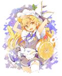  1girl absurdres black_headwear black_skirt black_vest blonde_hair bow food fruit hair_between_eyes hat hat_bow highres ichizen_(o_tori) kirisame_marisa long_hair open_mouth orange_(fruit) orange_slice shirt short_sleeves skirt smile solo touhou vest white_bow white_shirt witch_hat yellow_eyes 