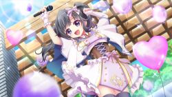  1girl :d arms_up balloon black_hair black_thighhighs blue_eyes blue_sky bow brown_corset buttons capelet corset day dot_nose double-breasted dutch_angle emblem film_grain frilled_skirt frills from_below game_cg hair_bow heart_balloon holding holding_microphone idol idol_clothes itsumura_yukari izumi_tsubasu medium_hair microphone non-circular_lens_flare non-web_source official_art open_mouth outdoors pink_bow purple_bow re:stage! sidelocks single_wrist_cuff skirt sky smile solo sparkle striped_bow sun thigh-highs twintails underbust white_capelet white_skirt white_wrist_cuffs wrist_cuffs zettai_ryouiki 