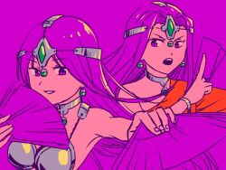  2girls armor asymmetrical_dress between_fingers bikini_armor card circlet dark-skinned_female dark_skin dragon_quest dragon_quest_iv dress dual_wielding earrings fingernails folding_fan forehead_jewel gem green_gemstone hand_fan happy_mitakesan holding holding_card holding_fan jewelry long_hair long_sleeves manya_(dq4) metal_bikini metal_bra minea_(dq4) multiple_girls nail_polish neck_ring open_mouth orange_dress parted_lips purple_hair purple_nails purple_theme siblings silver_circlet single_bare_shoulder single_sleeve sisters smile sphere_earrings tessen upper_body v-shaped_eyebrows violet_eyes war_fan 
