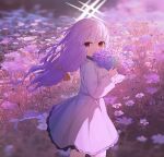  1girl absurdres atsuko_(blue_archive) blue_archive bouquet covered_mouth dress field floating_hair flower flower_field halo hei_mu_nan_tong highres holding holding_bouquet looking_at_viewer looking_to_the_side outdoors purple_hair purple_theme red_eyes solo white_dress 