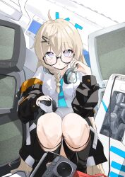  1girl black_jacket black_socks blonde_hair blue_archive blue_necktie blush braid crossed_bangs glasses hair_between_eyes headphones headphones_around_neck highres jacket kneehighs kotama_(blue_archive) kumakono long_hair looking_at_viewer necktie parted_lips shirt single_braid socks solo squatting violet_eyes white_shirt 