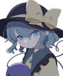  1girl absurdres blue_eyes blush closed_mouth commentary_request frilled_shirt_collar frills hat hat_ribbon highres kame_(kamepan44231) komeiji_koishi looking_at_viewer portrait ribbon shirt short_hair simple_background solo third_eye touhou white_background yellow_shirt 