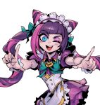 1girl :d ;d apron blush bow bowtie buttons cafe_cuties_jinx cat_ornament cone_hair_bun double-breasted dress green_bow green_bowtie green_eyes hair_bun hands_up index_finger_raised jinx_(league_of_legends) league_of_legends maid_headdress official_alternate_costume one_eye_closed open_mouth phantom_ix_row pink_dress pink_shirt puffy_short_sleeves puffy_sleeves reference_request shirt short_sleeves simple_background smile solo teeth tongue twintails upper_teeth_only waist_apron white_background wrist_cuffs
