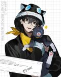  1boy amamiya_ren animal animal_hood black_eyes black_hair blue_eyes btmr_game cat glasses hair_between_eyes highres holding holding_animal holding_cat hood hood_up long_sleeves looking_at_viewer male_focus morgana_(persona_5) open_mouth persona persona_5 simple_background star_(symbol) tongue tongue_out twitter_username upper_body 