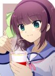  1girl :t angel_beats! blunt_bangs border bow brown_background chopsticks close-up closed_mouth commentary_request cup eating eyes_visible_through_hair food green_bow green_eyes hair_bow hands_up highres holding holding_chopsticks holding_cup lelie_(lelie_link) light_blush long_sleeves medium_hair nakamura_yuri neckerchief noodles pink_neckerchief purple_hair ramen shinda_sekai_sensen_uniform shirt sidelocks simple_background solo steam straight_hair white_border white_shirt 