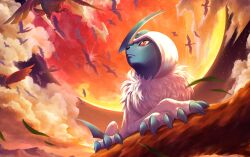  absol animal_focus artist_request bird bright_pupils check_artist claws closed_mouth clouds fearow flying horns iam_aimuuu moon night no_humans pokemon pokemon_(creature) pokemon_focus pokemon_tcg red_eyes second-party_source single_horn star_(sky) white_pupils 