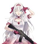 1girl ;d an-94 an-94_(girls&#039;_frontline) assault_rifle blue_eyes breasts cleavage_cutout clothing_cutout collarbone dress girls_frontline gloves gun hair_ribbon hand_up highres holding holding_weapon long_hair one_eye_closed open_mouth puffy_sleeves red_dress red_gloves red_ribbon ribbon rifle short_sleeves simple_background small_breasts smile solo suprii trigger_discipline two-tone_dress v very_long_hair weapon white_background white_dress white_hair 