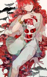  1other absurdres bracelet closed_mouth crystal_hair fingernails floral_print gold_bracelet highres holding houseki_no_kuni jewelry leaf long_hair looking_to_the_side moon_uniform_(houseki_no_kuni) other_focus padparadscha_(gemstone) padparadscha_(houseki_no_kuni) plant red_nails seamed_legwear see-through_clothes see-through_sleeves side-seamed_legwear simple_background sitting smile very_long_hair white_background yadu_nadu 