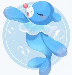  :d blue_background blush bubble closed_eyes commentary_request highres iwasi_29 no_humans open_mouth outstretched_arm pokemon pokemon_(creature) popplio smile solo twitter_username 