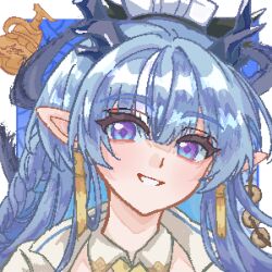  1girl :d absurdres arknights blue_eyes blue_hair chinese_commentary commentary_request diamond-shaped_pupils diamond_(shape) dragon_girl dragon_horns earrings eyes_visible_through_hair grin hair_between_eyes highres horns jewelry ling_(arknights) long_hair looking_at_viewer mnn_(xinjinjumin035149496925) multicolored_eyes pixel_art pointy_ears portrait smile solo split_mouth symbol-shaped_pupils two-tone_eyes violet_eyes 