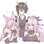  1boy 2girls animal_ears baiheng_(honkai:_star_rail) bare_shoulders black_gloves black_shirt blue_hairband braid breasts chinese_clothes closed_eyes closed_mouth crossed_bangs dan_feng_(honkai:_star_rail) dan_heng_(honkai:_star_rail) dan_heng_(imbibitor_lunae)_(honkai:_star_rail) detached_sleeves dragon_horns earrings fox_ears fox_girl gloves green_horns hair_between_eyes hairband happy high_ponytail highres honkai:_star_rail honkai_(series) horns jewelry jingliu_(honkai:_star_rail) looking_at_another medium_breasts multicolored_hair multiple_girls open_mouth pointy_ears red_eyes rin010mnyfzr shirt simple_background smile white_background 