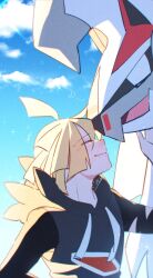  1boy ahoge black_shirt blonde_hair closed_eyes clouds commentary_request day gladion_(pokemon) happy highres male_focus mocacoffee_1001 outdoors pokemon pokemon_(creature) pokemon_sm shirt short_hair signature silvally sky smile torn_clothes torn_shirt vest 