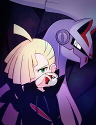  1boy ahoge blonde_hair ear_piercing gladion_(pokemon) green_eyes hair_over_one_eye holding holding_poke_ball looking_at_viewer male_focus piercing poke_ball poke_ball_(basic) pokemon pokemon_(creature) pokemon_sm silvally suta_(clusta) upper_body 