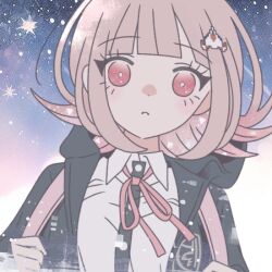  1girl breasts brown_hair collared_shirt danganronpa_(series) danganronpa_2:_goodbye_despair flipped_hair galaga hair_ornament jacket komanami_kawaii large_breasts long_sleeves looking_at_viewer medium_hair nanami_chiaki neck_ribbon open_clothes open_jacket pink_eyes pink_ribbon ribbon shirt solo spaceship_hair_ornament white_shirt 