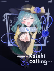  1girl :d absurdres black_background black_boots black_hat boots bow cardiogram character_name chinese_commentary collared_shirt english_commentary facing_viewer flower frilled_shirt_collar frilled_skirt frilled_sleeves frills full_body green_hair green_skirt hat hat_bow hat_flower hat_ribbon heart heart_of_string highres holding holding_knife incoming_call knife komeiji_koishi leaning_forward long_hair long_sleeves mixed-language_commentary open_mouth purple_flower purple_rose ribbon rose shadow shirt signal_bar skirt smile solo standing third_eye touhou wide_sleeves yellow_bow yellow_ribbon yellow_shirt yuuneka 