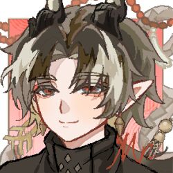  1boy absurdres arknights black_eyes black_hair black_horns brown_hair chinese_commentary chongyue_(arknights) closed_mouth commentary_request earrings grey_hair hair_intakes hair_over_eyes highres horns jewelry male_focus mnn_(xinjinjumin035149496925) multicolored_eyes multicolored_hair pixel_art pointy_ears portrait red_eyes short_hair smile solo split_mouth two-tone_eyes 