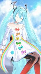  1girl aqua_eyes blue_eyes blush bow closed_eyes closed_mouth collar flower glory_3usi9_(vocaloid) hair_ornament hatsune_miku highres long_hair looking_at_viewer pantyhose shirt skellychan smile solo twintails very_long_hair vocaloid 