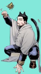  1boy animal_ears arm_up black_hair black_pants brown_shoes bug butterfly cat_ears cat_tail cloak facial_hair full_body goatee golden_kamuy highres kemonomimi_mode long_sleeves male_focus ogata_hyakunosuke pants paw_pose scar scar_on_face shoes short_hair simple_background squatting tail yofu_(0042_2400) 