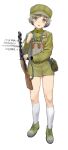  1girl brown_eyes green_footwear green_headwear grey_hair gun hat kneehighs military military_hat military_uniform open_mouth original short_hair simple_background socks solo uniform weapon white_background white_socks zhongye_yu 