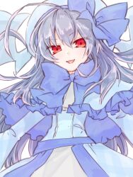  1girl ahoge beret black_hair blue_capelet blue_dress blue_hat blue_ribbon capelet dress emil_chronicle_online frilled_capelet frills hair_wings hat hat_ribbon highres long_hair looking_at_viewer mephistopheles_lore neck_ribbon open_mouth red_eyes ribbon upper_body white_background white_wings wings yusa_yuyu 