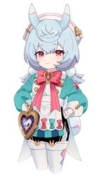  1girl animal_ears apron awe_(adorableduckyy) blue_hair bow child closed_mouth genshin_impact hair_between_eyes hands_on_own_hips hat heart highres long_hair long_sleeves looking_at_viewer low_twintails pantyhose puffy_long_sleeves puffy_sleeves rabbit_ears red_bow red_eyes shirt shorts sigewinne_(genshin_impact) simple_background smile solo tail thigh-highs twintails waist_apron white_apron white_background white_headwear 