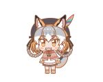  1girl animal_ears cape dress ef63_11 extra_ears fox_ears fox_girl fox_tail full_body gloves grey_hair hat hat_feather island_fox_(kemono_friends) kemono_friends kemono_friends_pavilion kemono_friends_v_project long_hair looking_at_viewer multicolored_hair orange_eyes orange_hair shoes simple_background solo sundress tail two-tone_hair virtual_youtuber 