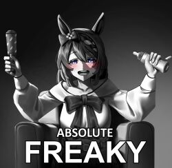  1girl absolute_cinema_(meme) animal_ears baby_bottle blue_eyes blush bottle braid greyscale holding holding_bottle holding_rattle horse_ears horse_girl long_hair long_sleeves looking_at_viewer manjo_(warito) meme monochrome open_mouth rattle ribbon shirt sitting solo spot_color super_creek_(umamusume) umamusume 