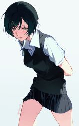  1girl black_hair black_skirt black_sweater_vest breasts collared_shirt commentary cowboy_shot futsuu_no_keion-bu grey_eyes hair_ornament hairpin highres kouyama_rin leaning_forward legs_apart medium_breasts miniskirt olys pixie_cut pleated_skirt school_uniform shirt short_hair short_sleeves skirt smile solo standing summer_uniform sweater_vest symbol-only_commentary thighs twitter_username white_shirt 