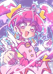  1girl absurdres ahoge back_bow bag_bow blunt_bangs bow brooch bubble_skirt choker cowboy_shot cure_star dot_nose dress feather_sleeves fingernails fur_wrist_cuffs hair_ornament hair_scrunchie happy highres holding holding_stylus hoshina_hikaru jewelry light_blush light_particles long_hair loose_hair_strand magical_girl open_mouth otannu_(bkdenta) pink_bag pink_bow pink_choker pink_dress pink_eyes pink_hair precure purple_background scrunchie short_dress short_sleeves skirt skirt_under_dress smile solo standing star_(symbol) star_button star_choker star_twinkle_precure stylus twintails two-tone_bag very_long_hair waist_bag white_bag white_skirt white_sleeves white_wrist_cuffs wrist_cuffs yellow_bow yellow_scrunchie 