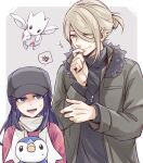  1boy 1girl blonde_hair blue_eyes blue_hair commentary_request hand_on_own_face hat highres hikari_(pokemon) jacket jewelry looking_up necklace official_alternate_costume open_clothes open_jacket piplup pokemon pokemon_(game) pokemon_dppt pokemon_legends:_arceus rigu_(aiide) scarf sidelocks smile spoken_squiggle squiggle sweatdrop togetic turtleneck volo_(pokemon) winter_clothes 