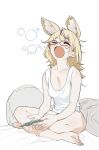  1girl absurdres ahoge animal_ear_fluff animal_ears blonde_hair breasts crossed_legs fox_ears fox_girl highres hololive multicolored_hair omaru_polka open_mouth pink_hair saitama_(antitankromeo) solo streaked_hair tank_top violet_eyes virtual_youtuber yawning 