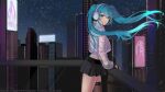  1girl black_skirt blue_eyes blue_hair hatsune_miku headphones jacket long_hair long_sleeves open_mouth skirt solo twintails very_long_hair vickie_(cryingrobot) vocaloid 