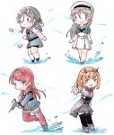  4girls black_thighhighs blonde_hair blue_sailor_collar breasts chibi closed_mouth depth_charge dress garter_straps gloves grey_hair hair_between_eyes hair_ornament hair_ribbon hairband hairclip headgear highres holding inagi_(kancolle) javelin_(kancolle) kantai_collection long_hair long_sleeves multiple_girls nevada_(kancolle) open_mouth pleated_skirt poipoi_purin red_thighhighs redhead ribbon rodney_(kancolle) sailor_collar sailor_dress short_hair simple_background skirt smile socks thigh-highs white_gloves white_socks yellow_ribbon 