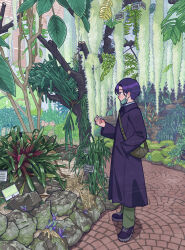  1boy bag black_boots black_coat black_hair boots botanical_garden coat green_mask green_pants hand_in_pocket highres leaf long_sleeves male_focus mask mask_pull moss mouth_mask nagare750 original pants plant rock sign solo standing tree 