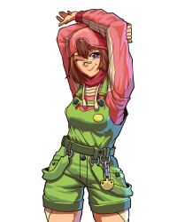  1girl absurdres animal_print arms_up backwards_hat bandaid bandaid_on_face bandaid_on_nose baseball_cap belt bethy brown_hair charm_(object) closed_mouth commentary commission commissioner_upload cowboy_shot english_commentary eyelashes frog_charm frog_print green_bandaid green_belt green_overalls green_suspenders hair_between_eyes hat highres hood hood_down hoodie indie_virtual_youtuber lips long_sleeves looking_at_viewer nose one_eye_closed overalls pink_hat pink_hoodie second-party_source sidelocks smile solo thirdphp tomboy transparent_background violet_eyes virtual_youtuber 