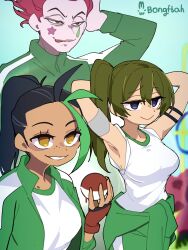 1boy 2girls absurdres armpits arms_up artist_name black_hair bongfill commentary crossover freckles green_hair green_streaks green_track_suit highres hisoka_morow holding holding_poke_ball hunter_x_hunter jacket jitome long_hair mark_under_both_eyes multiple_girls nemona_(pokemon) pants poke_ball pokemon pokemon_sv ponytail red_hair short_hair side_ponytail smile sousou_no_frieren star_(symbol) symbol-only_commentary teardrop_facial_mark track_jacket track_pants track_suit ubel_(sousou_no_frieren) violet_eyes yellow_eyes 