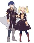  1boy 1girl asymmetrical_footwear blue_eyes boots brother_and_sister capelet chrom_(fire_emblem) do_m_kaeru fire_emblem fire_emblem_awakening garreg_mach_monastery_uniform leggings lissa_(fire_emblem) looking_at_viewer mismatched_footwear open_mouth siblings smile twintails v-shaped_eyebrows waving white_background white_capelet 