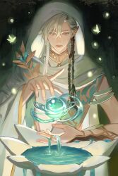  1boy aegyo_sal aqua_sash arm_guards black_hair braid bug butterfly cassian_floros cloak commentary ear_covers earrings elf english_commentary expressionless fireflies first_stage_production fountain glowing_butterfly hair_between_eyes hair_tubes hazhe highres holding_water hood hood_up hooded_cloak hydrokinesis jewelry leaf_brooch lips long_hair long_sleeves looking_at_object magic male_focus multicolored_hair orb pointy_ears robe sash shoulder_sash side_braids side_part sleeveless_robe solo straight-on streaked_hair tree virtual_youtuber water white_cloak white_hair white_robe yellow_eyes 