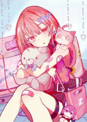  1girl :o bag baka_janai_noni_(zutomayo) bandaid bandaid_on_knee bandaid_on_leg belt black_belt black_skirt bob_cut brown_hair cat character_charm charm_(object) earrings ginger_strings_(zutomayo) hair_between_eyes hair_ornament hedgehog highres holding holding_stuffed_toy jewelry kukatachi nira-chan nira-chan_(baka_janai_noni)_(zutomayo) on_floor pink_bag purple_shirt red_eyes shirt short_hair shoulder_bag sitting skirt sleeveless sleeveless_shirt sticker_on_arm stuffed_hedgehog stuffed_toy text_hair_ornament thigh_strap uniguri_(zutomayo) zutto_mayonaka_de_ii_no_ni 