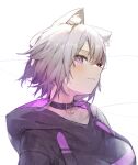  1girl absurdres akuto_(akuto_desu) animal_collar animal_ear_fluff animal_ears black_collar cat_ears cat_girl collar highres hololive hood hoodie looking_at_viewer medium_hair nekomata_okayu nekomata_okayu_(1st_costume) purple_hair purple_hoodie smile solo violet_eyes virtual_youtuber white_background 