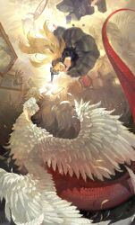  2girls absurdres barefoot black_dress blonde_hair chimera dress dungeon_meshi falin_touden falin_touden_(chimera) feathered_wings feathers green_eyes hashtag-only_commentary highres laios_touden looking_at_another marcille_donato marcille_donato_(lord) monster_girl multiple_girls outstretched_arm picture_frame red_scales red_tail tail ts_psi_vczzxvc white_feathers white_wings wings 