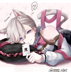  1boy animal_ears bare_shoulders card cat_boy cat_ears cat_tail genshin_impact grey_hair highres kuromuru looking_at_viewer lying lyney_(genshin_impact) male_focus on_stomach pink_ribbon playing_card ribbon short_hair simple_background smile solo tail tattoo teardrop_facial_mark teardrop_tattoo violet_eyes white_background 