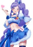  1girl absurdres aono_miki blue_choker blue_eyes blue_skirt bow breasts choker cure_berry earrings fresh_precure! hair_ornament hairband heart heart_hair_ornament highres jewelry long_hair magical_girl midriff navel on_kazu ponytail pouch precure purple_hair simple_background skirt small_breasts smile solo thigh-highs violet_eyes white_background 