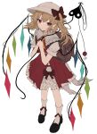  1girl absurdres ascot backpack bag black_footwear blonde_hair collared_shirt crystal flandre_scarlet frilled_shirt_collar frills full_body hat highres laevatein_(touhou) long_hair mob_cap one_side_up ougiikun pointy_ears red_eyes red_skirt red_vest shirt shoes simple_background skirt socks solo touhou vest white_background white_headwear white_shirt white_socks wings yellow_ascot 