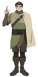 1boy anime_coloring arm_up armor beard belt boots breastplate brown_boots brown_hair brown_shirt cloak closed_mouth durden_walker facial_hair full_body grey_belt grey_shorts highres long_sleeves looking_at_viewer official_art shirt short_hair shorts simple_background smile solo standing stubble sueoka_masami the_beginning_after_the_end thick_eyebrows transparent_background turtleneck turtleneck_shirt very_short_hair white_cloak 