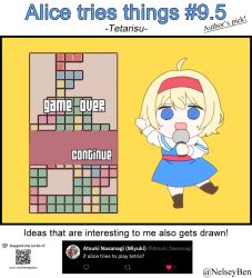  1girl ahoge alice_margatroid blonde_hair blue_dress blue_eyes bnelsey capelet chibi chibi_only commentary dress english_commentary english_text game_over hairband holding holding_microphone ko-fi_logo long_sleeves looking_at_viewer medium_hair microphone open_mouth qr_code red_hairband request_inset screenshot_inset smile solo sweat tetris touhou twitter_username web_address white_capelet 