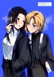  2girls bang_dream! bangjinjin82 black_hair black_jacket black_shirt blonde_hair blue_background blush breasts breath cheek_poking closed_mouth commentary_request fang hands_in_pockets highres jacket korean_commentary korean_text long_hair medium_breasts multiple_girls open_mouth parted_bangs poking request_inset sato_masuki shirt short_hair sidelocks sweater translation_request violet_eyes wakana_rei white_sweater yellow_eyes yuri 