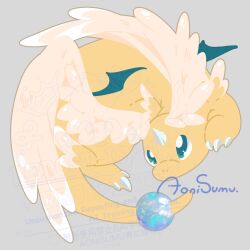 chikawapkmn0487 claws closed_mouth colored_skin curled_up dragon dragonite feathered_wings full_body green_eyes grey_background head_wings highres horns mega_dragonite mega_pokemon no_humans pokemon pokemon_(creature) pokemon_focus pokemon_legends:_z-a simple_background single_horn solo tail wings